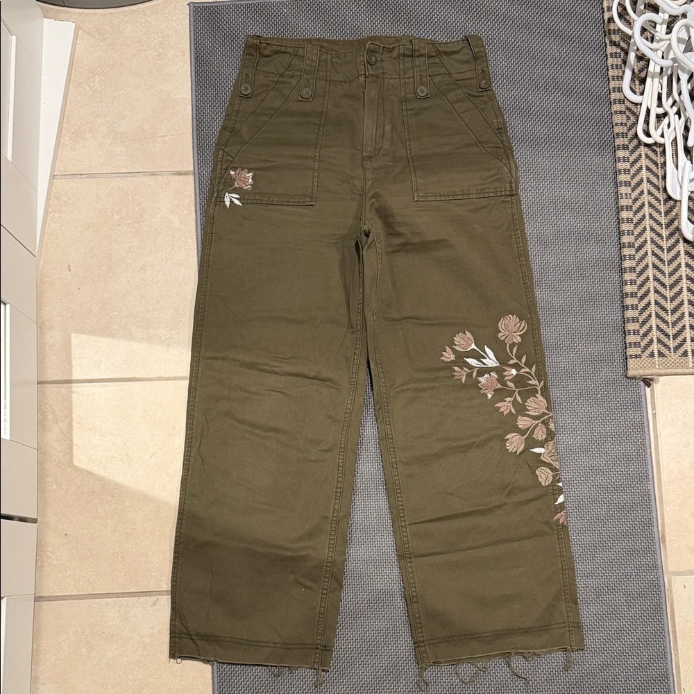 Free People Olive Green Embroidered Cropped Utility Pants
